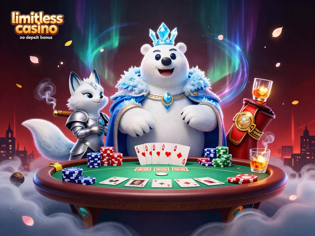 Experience the thrill of the limitless casino no deposit bonus with this vibrant, engaging illustration featuring playful characters and 3D poker elements.