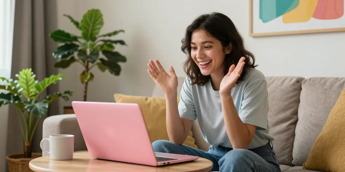 Engaging pink video chat session with a real person in a cozy setting.