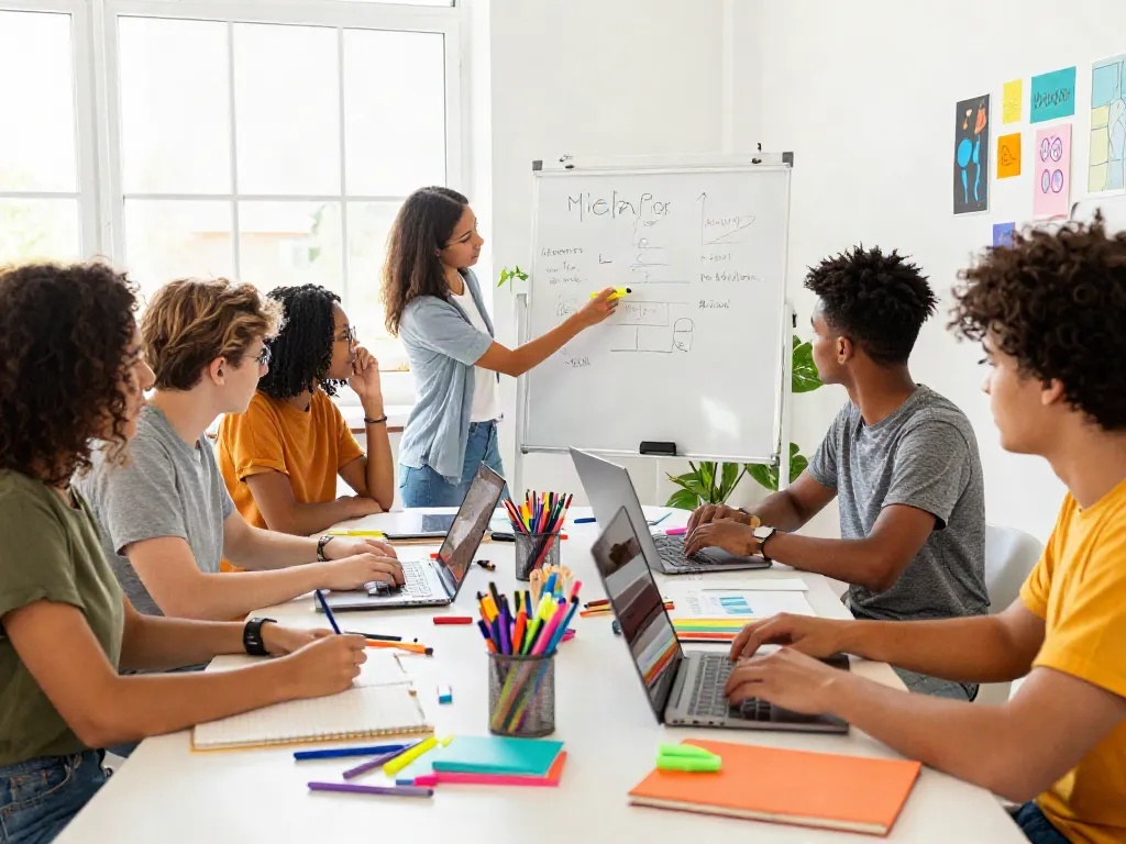 Vibrant workspace with diverse students using highlighter pens in a creative setting, highlighting highlighter pen supplier.