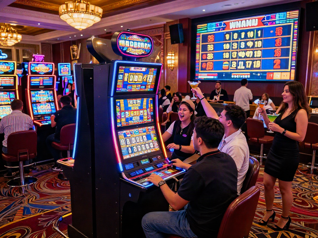 Mesin toto slot yang cerah dan ramai dengan pemain yang bersemangat di kasino.