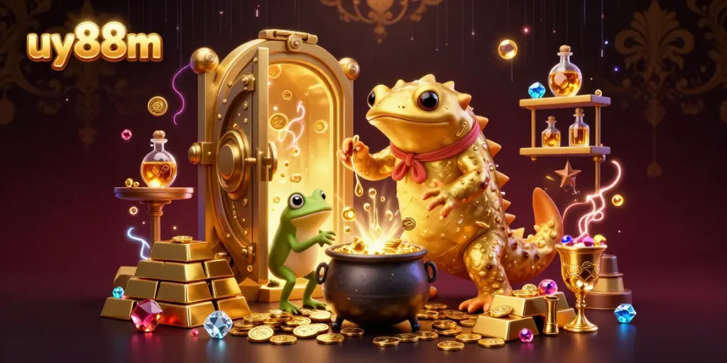Engage in thrilling gameplay at uy88m with golden treasures bursting from a magical scene.