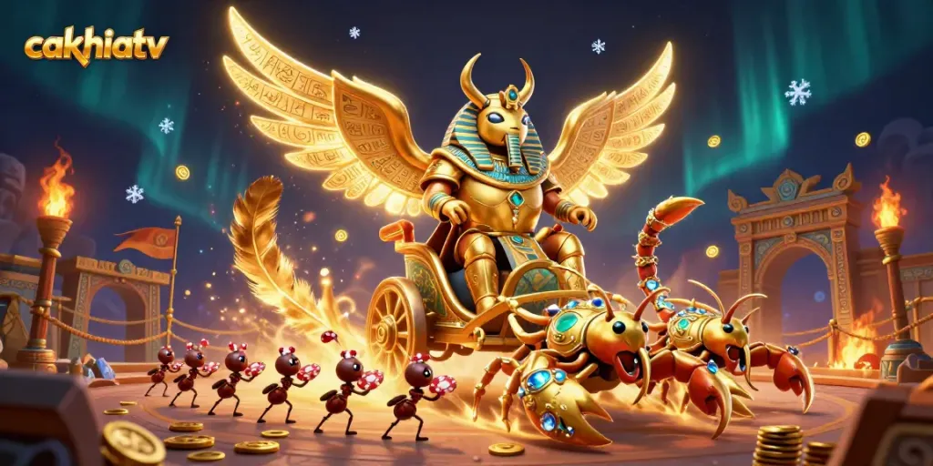 Cakhiatv showcases a vibrant scene with a colossal golden scarab beetle in pharaoh armor, pulling a chariot while surrounded by jewel-encrusted scorpions.