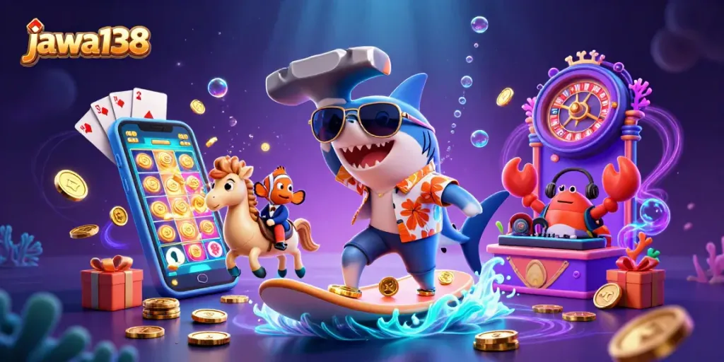 Experience the thrill of jawa138 with a vibrant underwater casino scene filled with gold coins and gambling elements.
