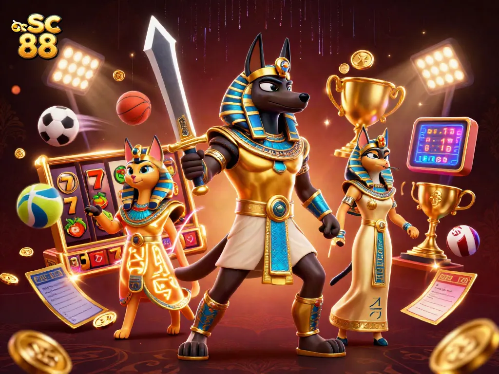 Spin the reels with sc 88 in an electrifying casino scene featuring ancient Egyptian icons.