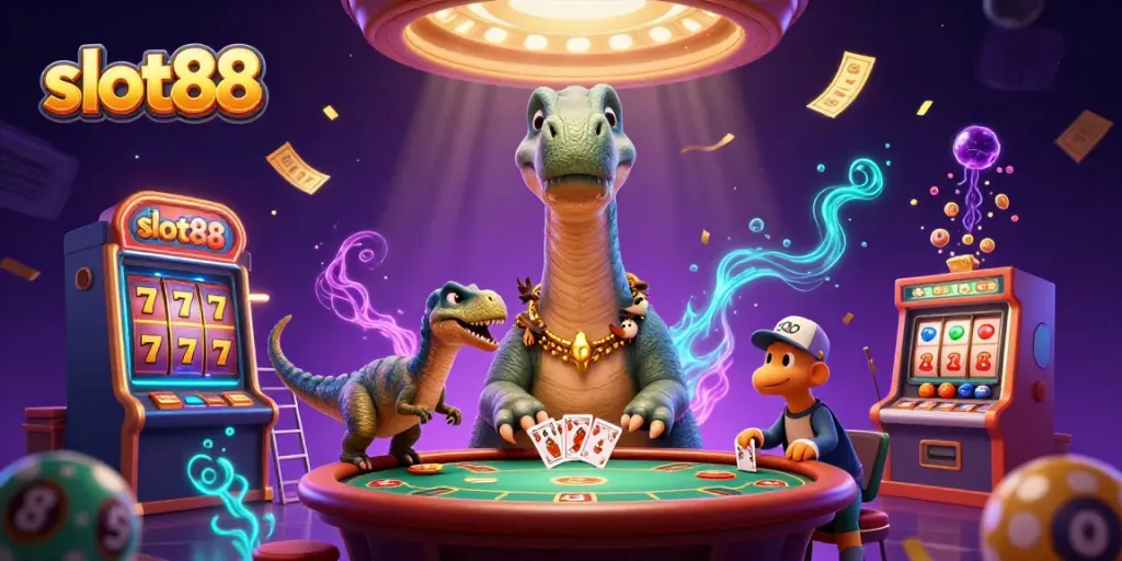 Watch slot88 come alive in this dynamic casino tableau featuring a brontosaurus and clever raptor.