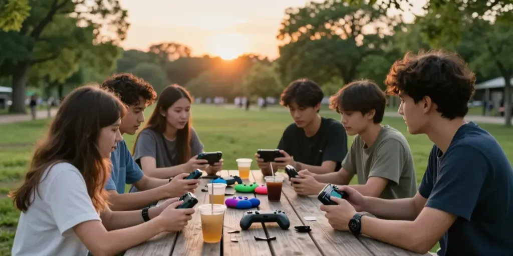Kelompok muda berbincang sambil menggunakan smartphone untuk akses bukumimpi138 login di taman.