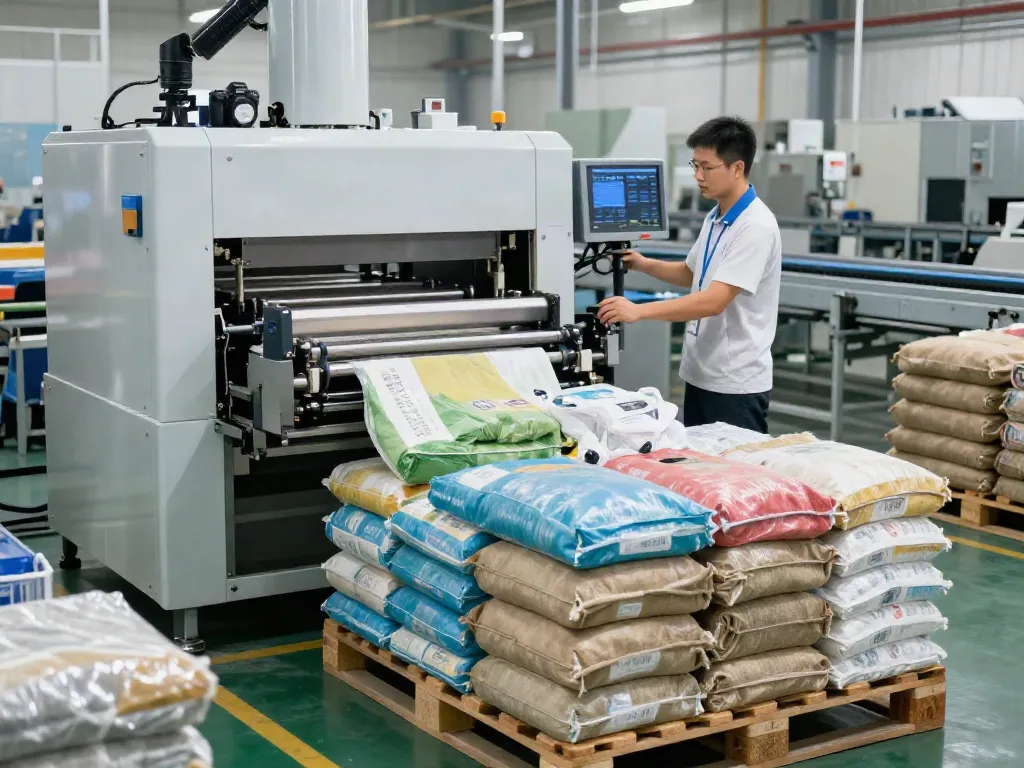 Automatic bag palletizer machine efficiently stacking bags in a modern factory.