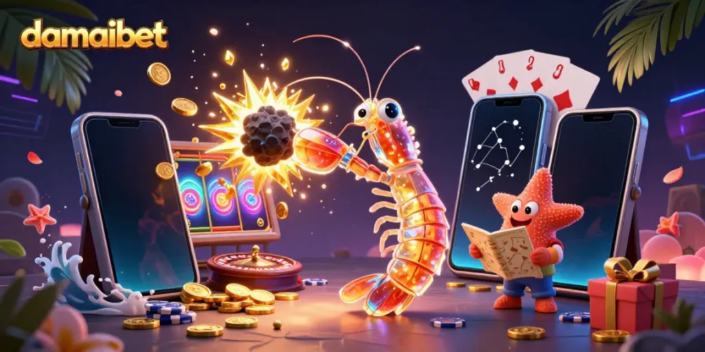 Damaibet showcases an exciting 3D cartoon scene with a samurai mantis shrimp and slot game elements exploding with coins and gems.