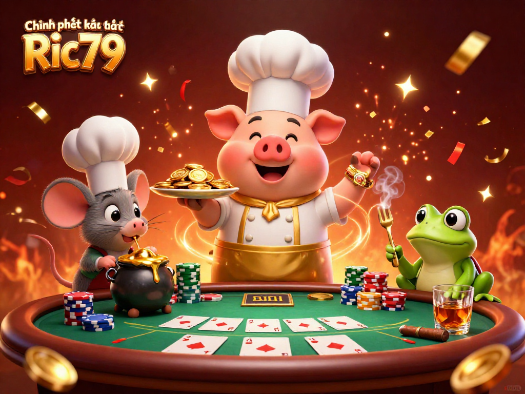 Engaging scene depicting Chính sách bảo mật Ric79 with a chef pig presenting gold coins, ideal for players.
