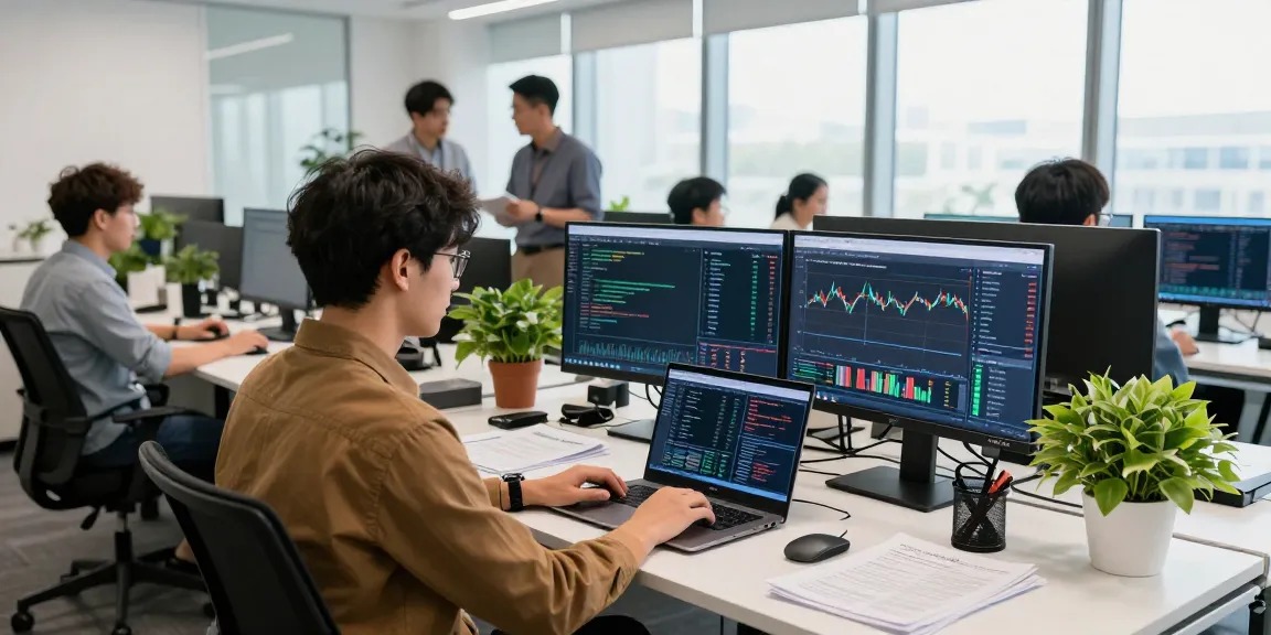 实时分析台股历史K线API的开发者在现代办公室工作的场景。