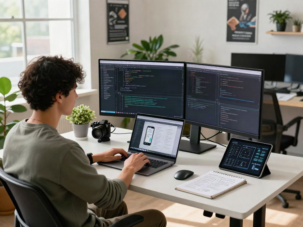 Pikashow software development workspace highlighting a focused developer coding at dual monitors with natural sunlight in a vibrant office.