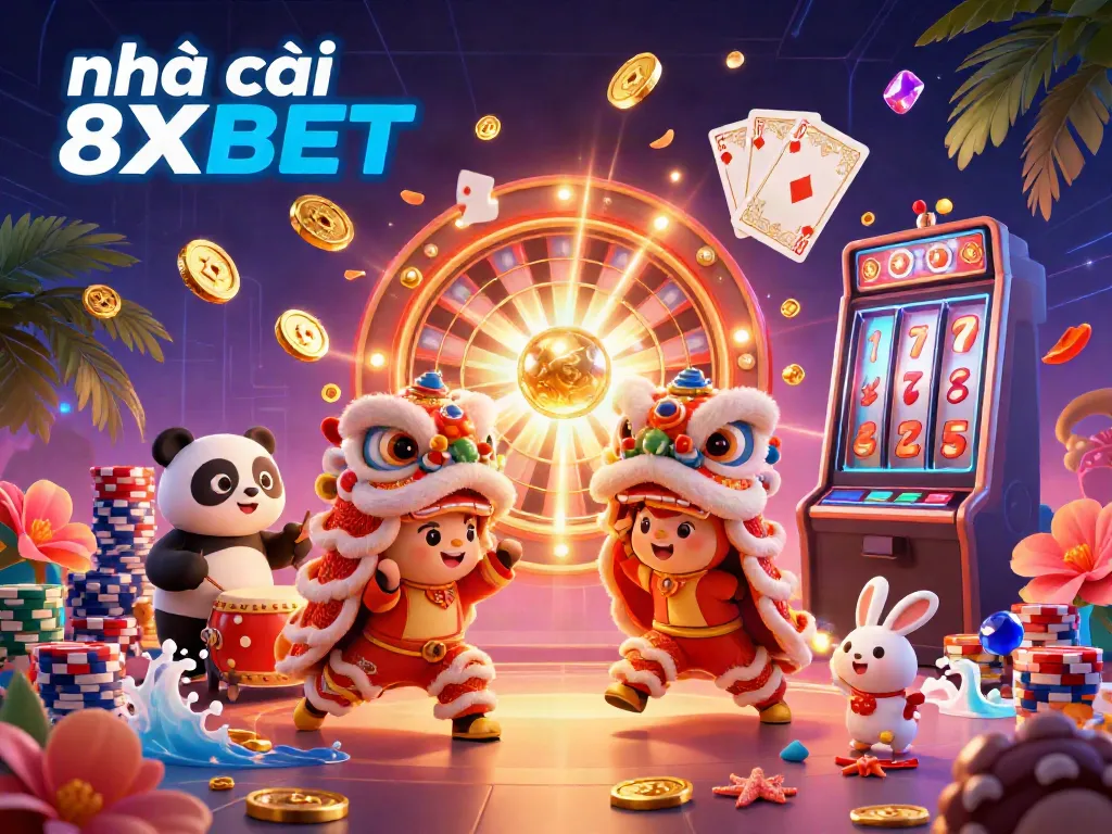 Create an exciting winning experience with nhà cái 8XBET as festive characters celebrate in a vibrant casino setting.