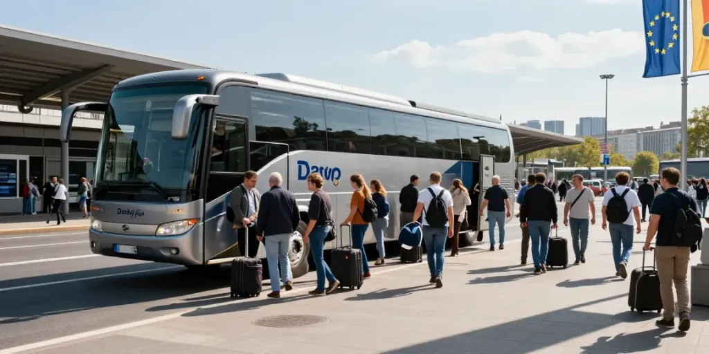 Transport colete Moldova Europa cu autocare moderne la o stație de autobuz european.