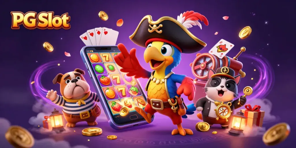 Engage with PG Slot action featuring a lively pirate captain and friends amidst colorful gaming elements.