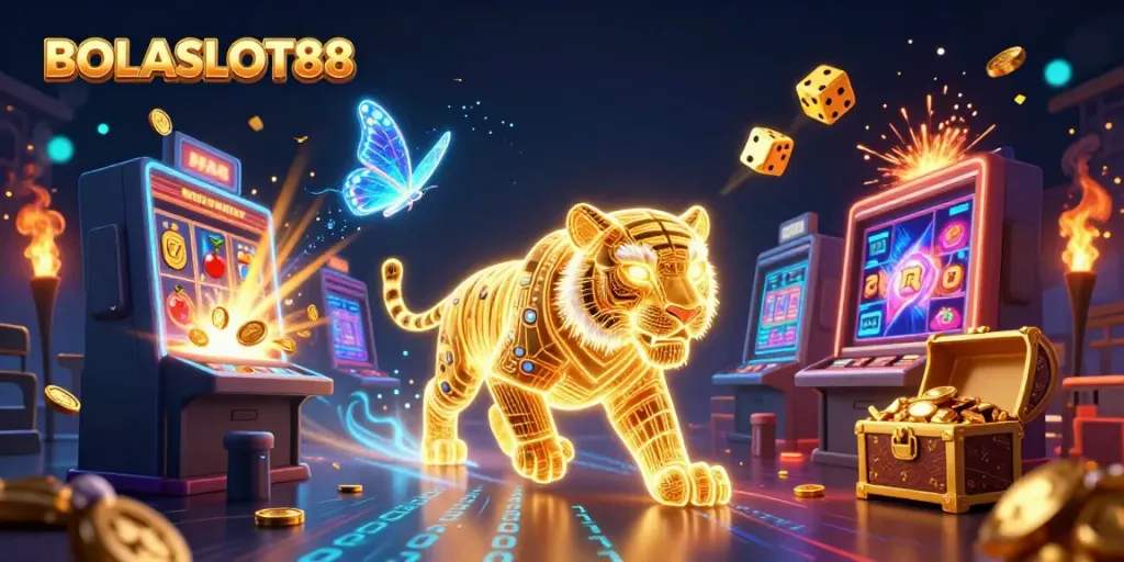 BOLASLOT88 captures the excitement of gaming with vibrant 3D visual imagery showcasing slots and jackpots.