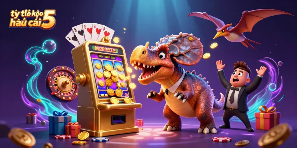 Engaging illustration of tỷ lệ kèo nhà cái 5 showcasing slot excitement with animated characters.