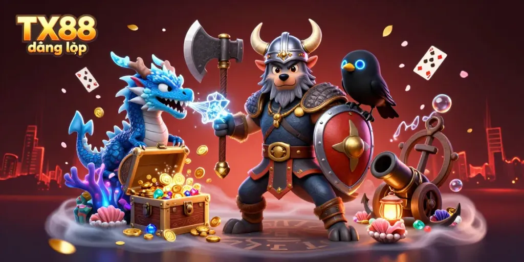Experience exciting casino action with TX88 đăng nhập, featuring a 3D Viking warrior, dragon, and magical treasures.