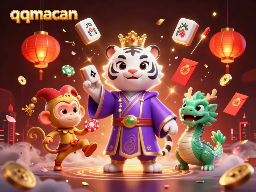 Experience exciting gaming at qqmacan with a dynamic cartoon scene showcasing vibrant casino elements.