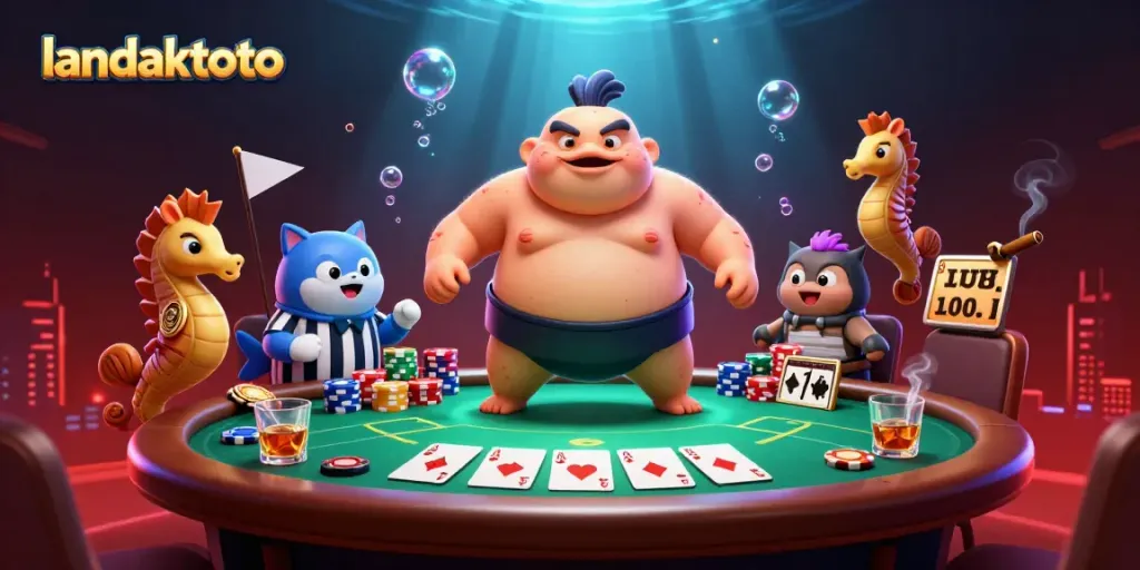 Gambarkan pengalaman landaktoto dengan fugu kartun 3D bertanding dalam turnamen judi online.