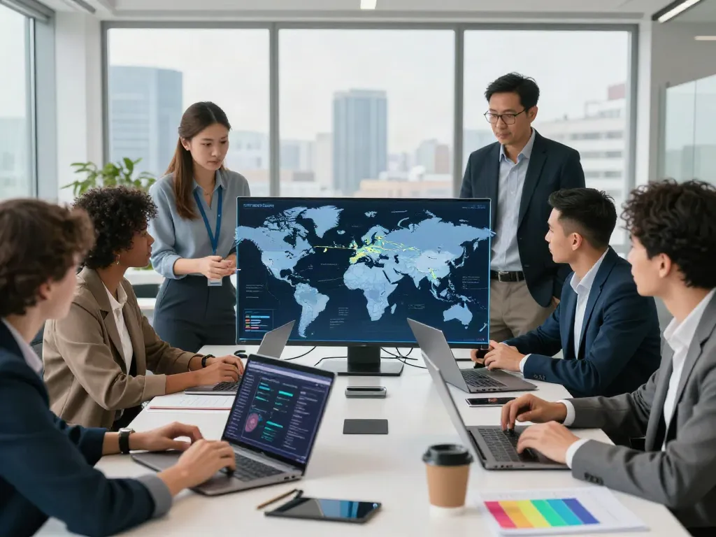 Zweckmäßige Spedition Deutschland: Team in modernem Büro arbeitet an internationalen Transportlösungen.