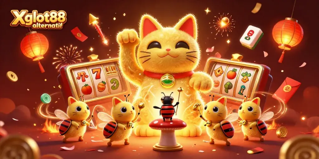 Visual menakjubkan dari Xgslot88 alternatif dengan kucing keberuntungan dan simbol kasino dalam suasana meriah.