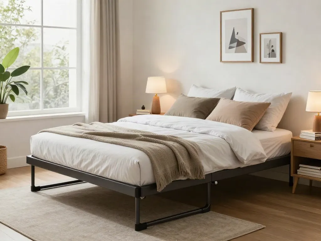 A stylish folding bed with inviting linens set up in a cozy bedroom.