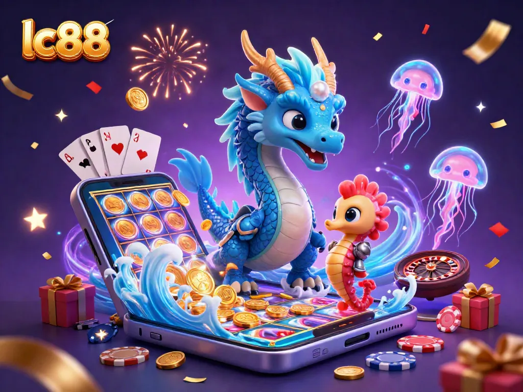 Engage with lc88 and win with a dynamic offshore casino illustration featuring lively characters and elements.