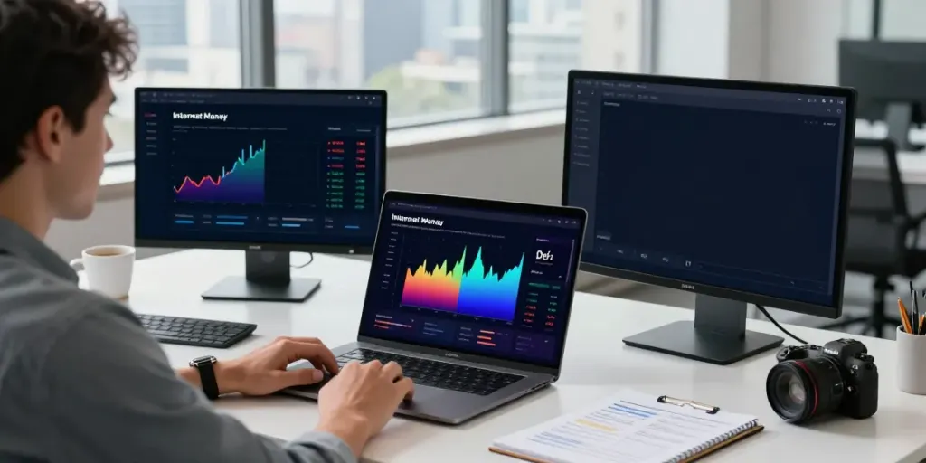 Dynamic cryptocurrency workspace featuring Internet Money wallet interface and trading charts.