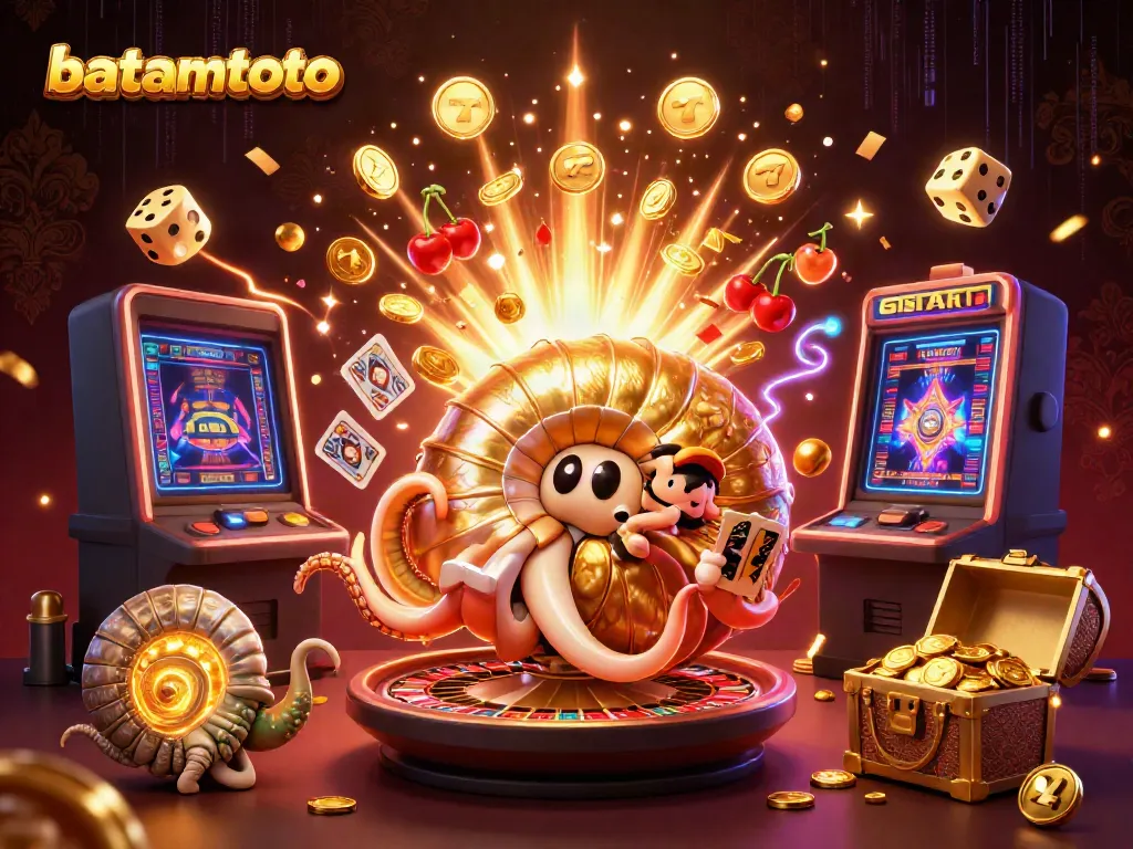 Experience the excitement of batamtoto with a vibrant 3D casino scene showcasing games and jackpots.