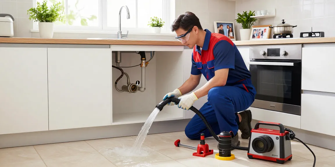 Efficient drain cleaning Fort Worth in a modern kitchen by a professional plumber using specialized tools.