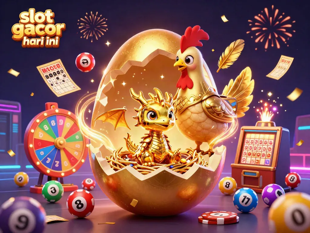 Slot gacor hari ini menampilkan naga emas dengan simbol poker dan bola lotere yang meriah.