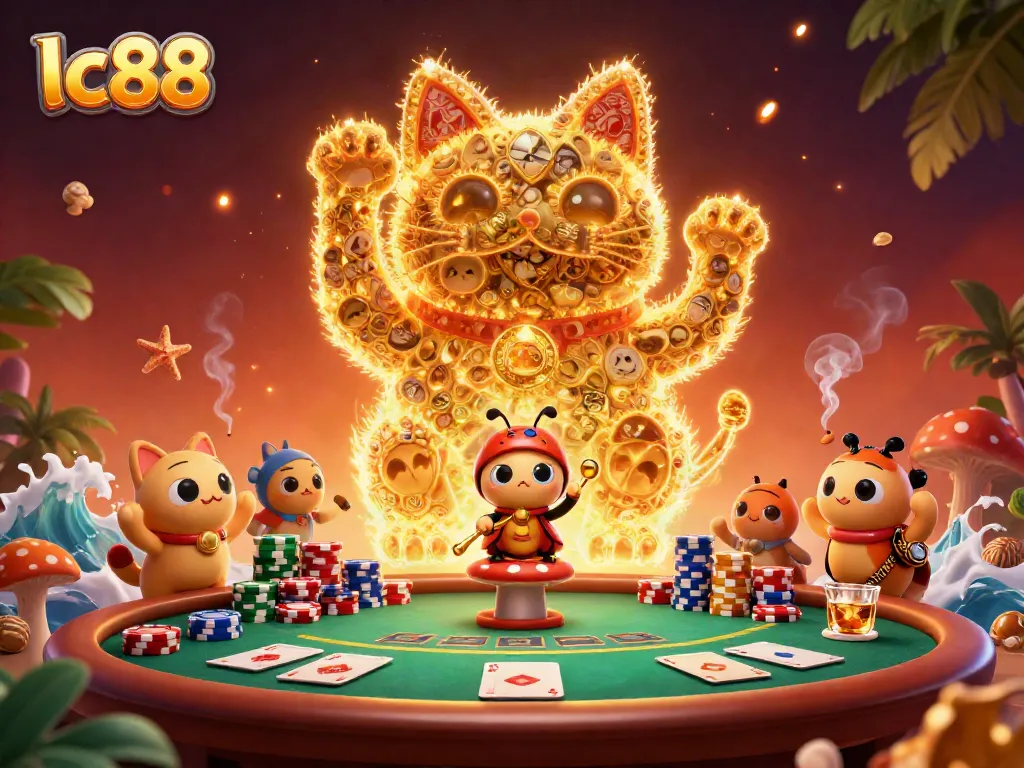 Spin the luck in lc88 with a golden lucky cat and vibrant casino elements in this dynamic illustration.