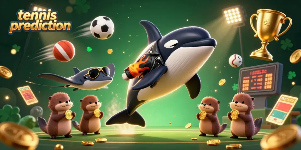 Tennis prediction scene with playful sea creatures celebrating betting victories amid sports elements.