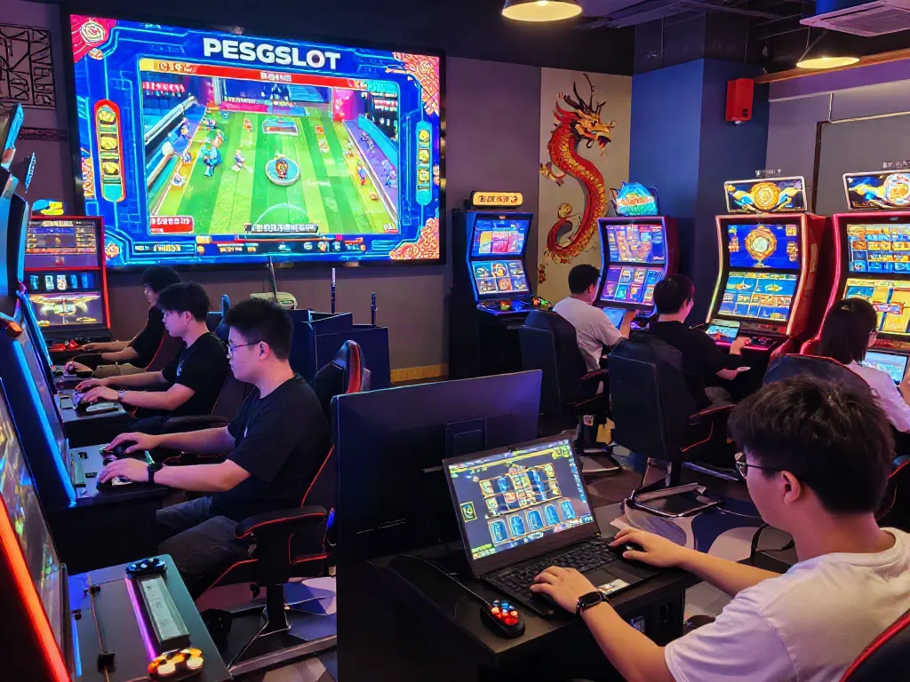 PESGSLOT online gaming scene with vibrant digital displays, players interacting.