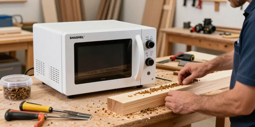 SHASHEL® microwave equipment in a woodworking shop for efficient woodworm elimination, showcasing advanced pest control techniques.