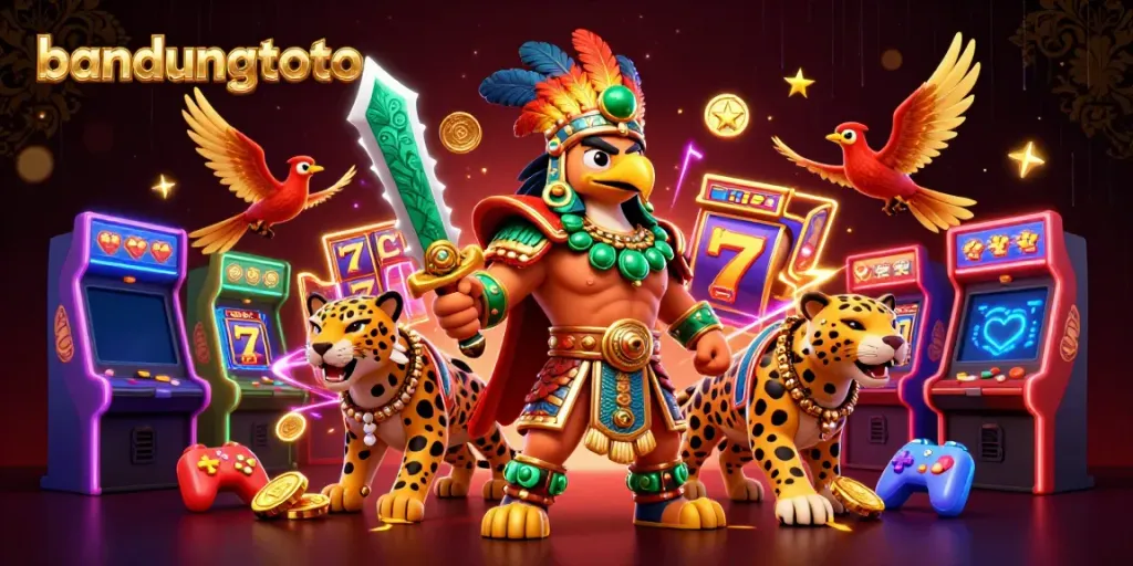 Experience thrilling gameplay with bandungtoto, showcasing vibrant slot reels and dynamic casino elements.