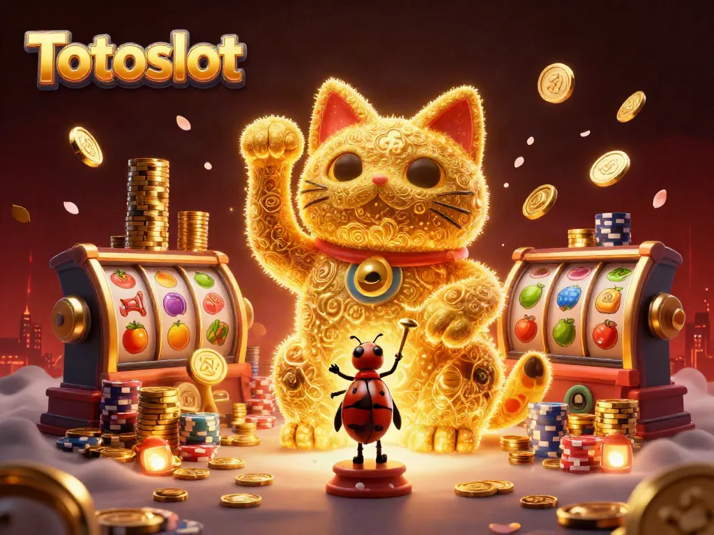 Gambarkan Totoslot dengan simbol keberuntungan dan kucing beruntung di kasino.