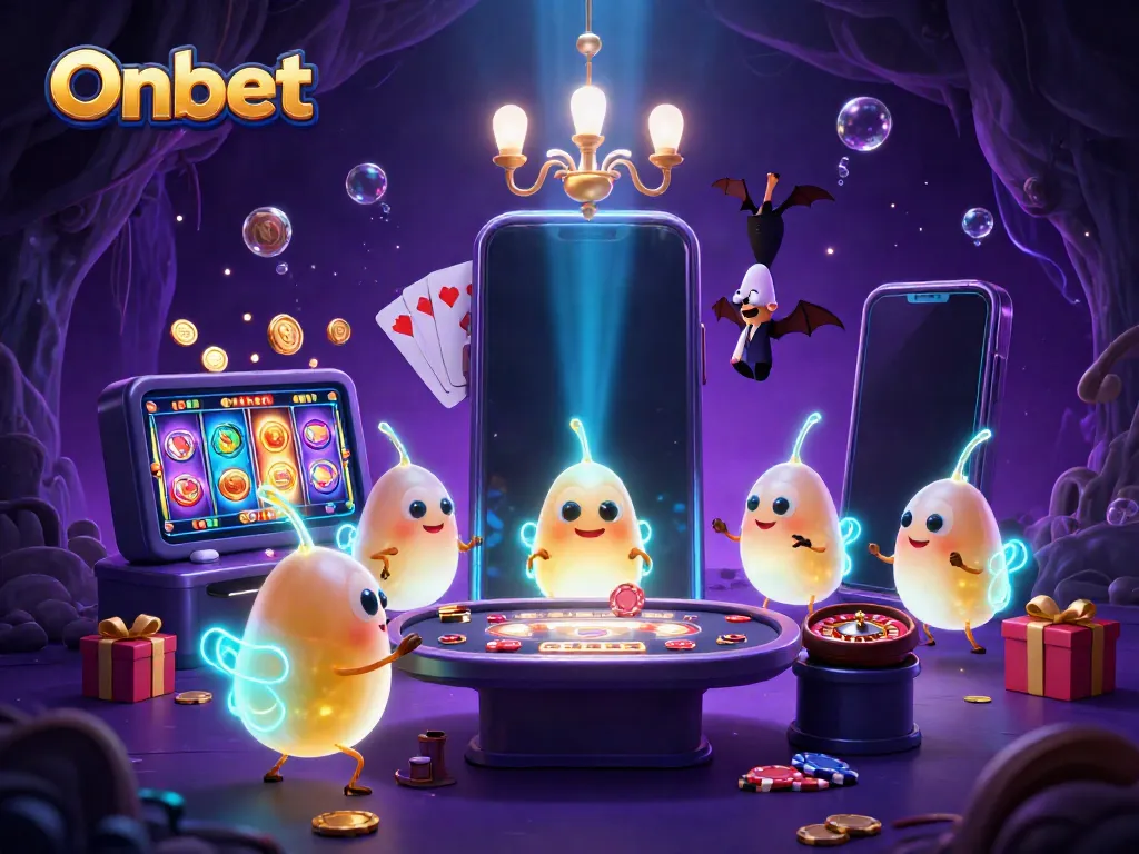 Experience Onbet's vibrant cave casino showcased by bioluminescent glowworms and a bat dealer.