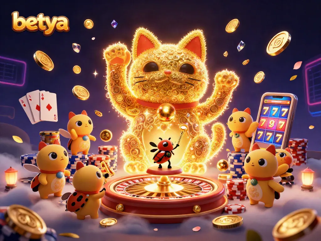 Experience vibrant casino fun with betya's animated lucky cat and casino symbols