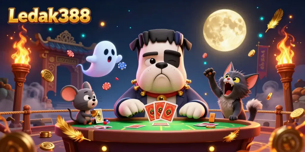 Engage with Ledak388's thrilling card game scene as a bulldog dealer navigates a spooky atmosphere, surrounded by playful elements.