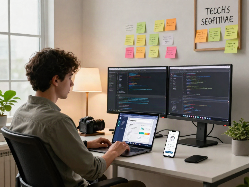 Pikashow APK development workspace with mobile app interface on laptop, vibrant brainstorming notes, and natural light flooding in