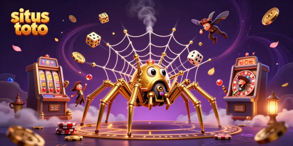 Engage with situs toto as the golden spider captures dice amidst coins and colorful slot reels.