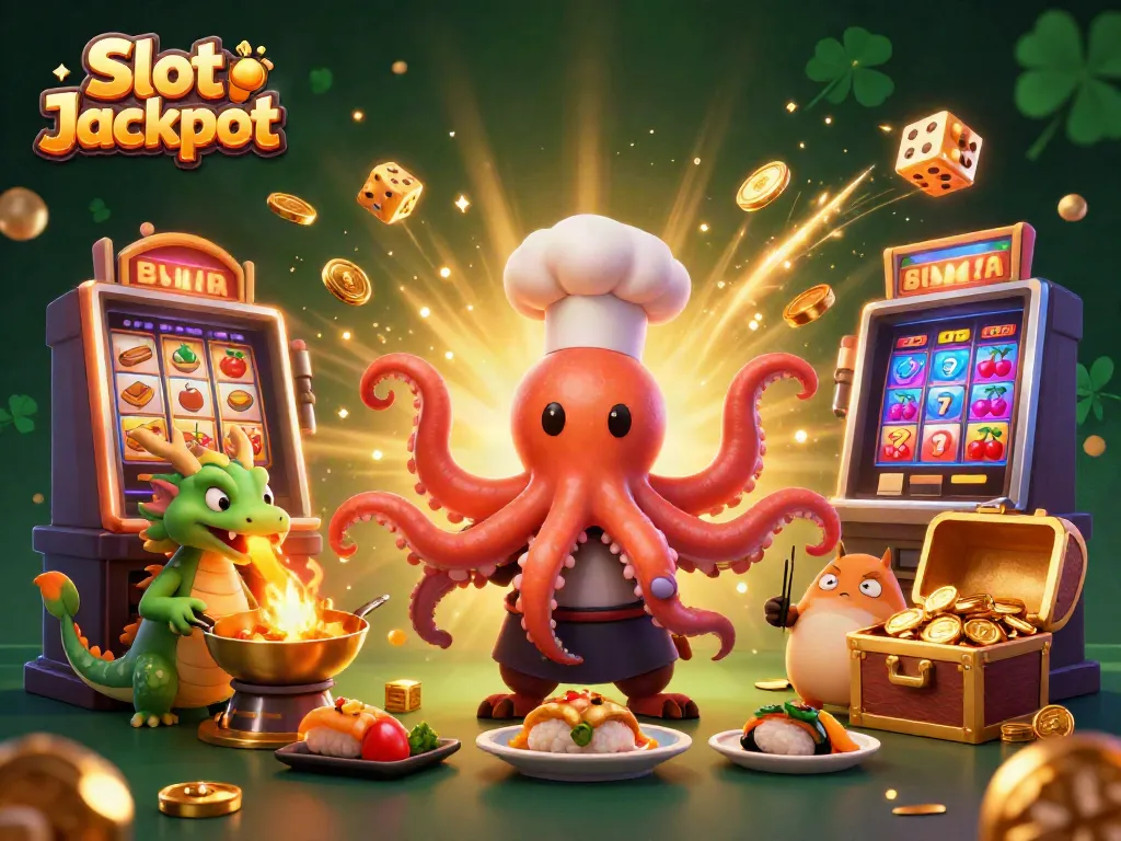 Celebrate big wins with the vibrant Slot Jackpot scene featuring an octopus chef and magical elements.