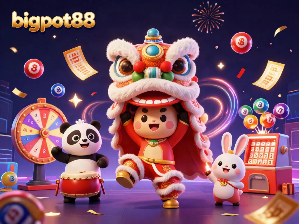 bigpot88 menampilkan kemeriahan permainan judi dengan karakter kucing singa dan dekorasi festival.