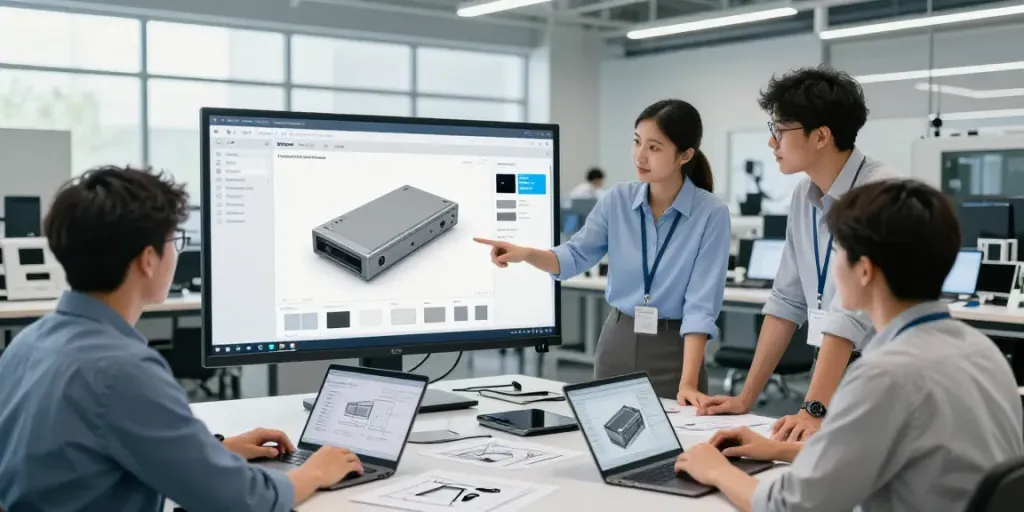 Product configurator for manufacturers in a modern workspace showcasing team collaboration and 3D modeling technology.