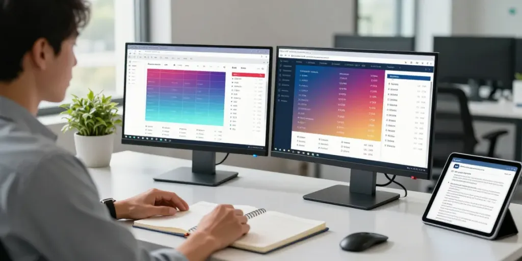 Researcher engaged in peptide prices comparison using dual monitors in a modern workspace.