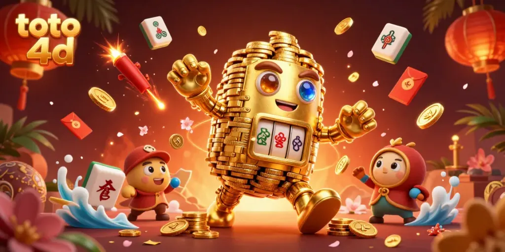 Berpartisipasi dalam toto 4d dengan karakter permainan yang berwarna-warni dan simbol keberuntungan yang bersinar.