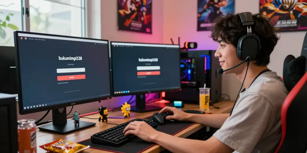 Visualisasi login bukumimpi138 di platform gaming online, dengan gamer berfokus pada layar PC, suasana gaming yang hidup.