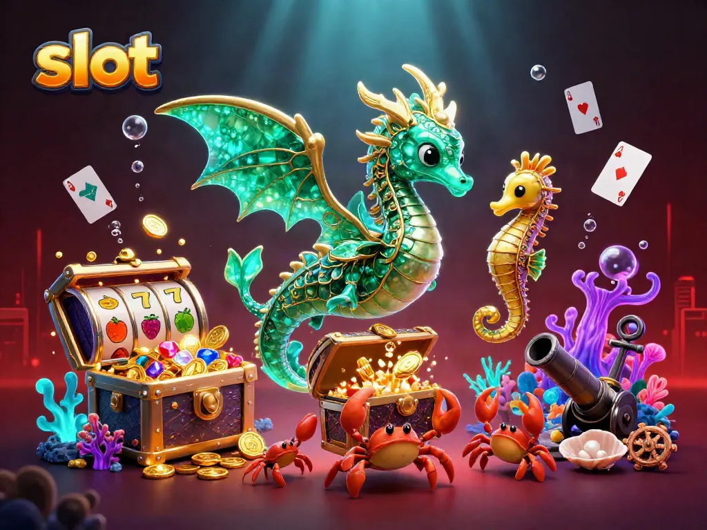 Automat slot dengan simbol keberuntungan dan harta karun bawah laut yang menggairahkan di dalam ilustrasi 3D