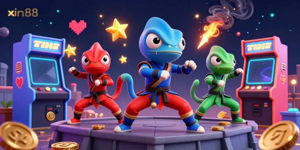 Experience thrilling gameplay with xin88, featuring ninja chameleons in action-packed casino-themed scene.